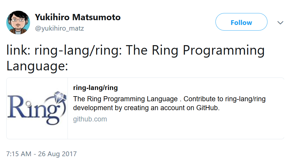 Yukihiro Matsumoto tweet about the Ring language